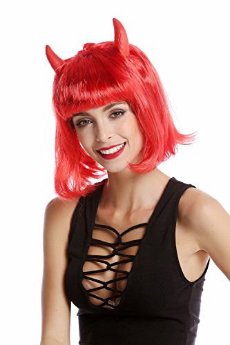 WIG ME UP- 91421-ZA13 Peluca Mujer Carnval Halloween diablesa Diablo Bob Corto Rojo Longbob Cuernos Rojos