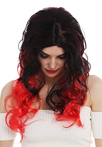 WIG ME UP- DEC203-P103-13 Peluca Carnaval Halloween Mujeres Pelo Largo Ondulado Negro con Puntas Rojas Raya en Medio Diabla Bruja