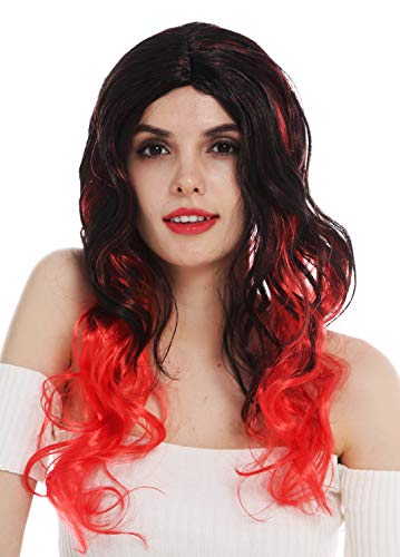 WIG ME UP- DEC203-P103-13 Peluca Carnaval Halloween Mujeres Pelo Largo Ondulado Negro con Puntas Rojas Raya en Medio Diabla Bruja