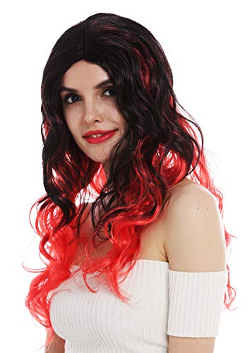 WIG ME UP- DEC203-P103-13 Peluca Carnaval Halloween Mujeres Pelo Largo Ondulado Negro con Puntas Rojas Raya en Medio Diabla Bruja