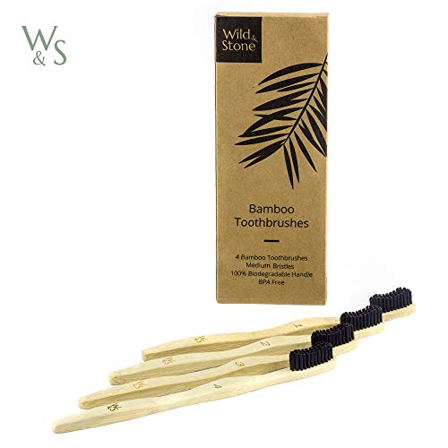 Wild & Stone | Cepillo de dientes de bambú orgánica | 4 individualmente numerada | Las cerdas medianas fibra de carbón | Mango 100% biodegradable | Cepillos de dientes veganos orgánicos