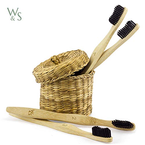 Wild & Stone | Cepillo de dientes de bambú orgánica | 4 individualmente numerada | Las cerdas medianas fibra de carbón | Mango 100% biodegradable | Cepillos de dientes veganos orgánicos