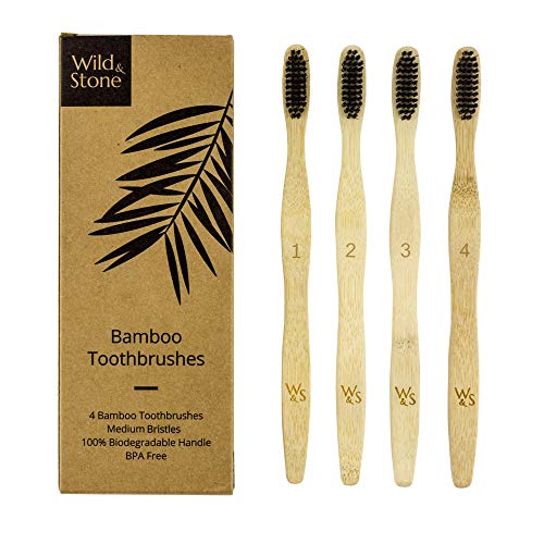 Wild & Stone | Cepillo de dientes de bambú orgánica | 4 individualmente numerada | Las cerdas medianas fibra de carbón | Mango 100% biodegradable | Cepillos de dientes veganos orgánicos