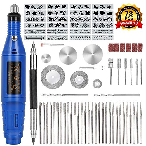 Winload 78 Pcs Kit de Herramientas de Grabado, Grabador para Tallar Metal, 52 Bits y 24 Plantilla de Pintura, Velocidad Variable Grabado Eléctrico Pluma para Metal Madera Joyería Vidrio Cerámica