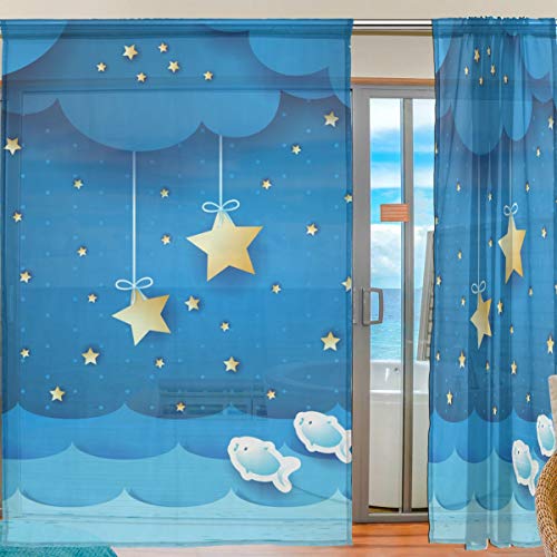 XiangHeFu Cortina Transparente 2 Paneles Voile Cartoon Fish Moon Star Black Tulle 55x78x2 \u200b\u200b(in)