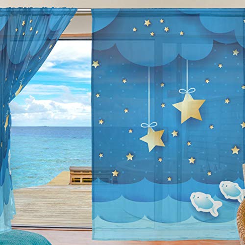 XiangHeFu Cortina Transparente 2 Paneles Voile Cartoon Fish Moon Star Black Tulle 55x78x2 \u200b\u200b(in)