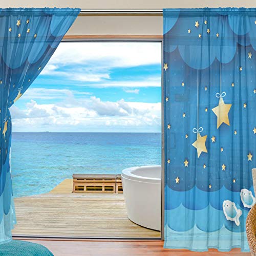 XiangHeFu Cortina Transparente 2 Paneles Voile Cartoon Fish Moon Star Black Tulle 55x78x2 \u200b\u200b(in)