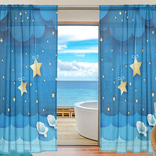 XiangHeFu Cortina Transparente 2 Paneles Voile Cartoon Fish Moon Star Black Tulle 55x78x2 \u200b\u200b(in)