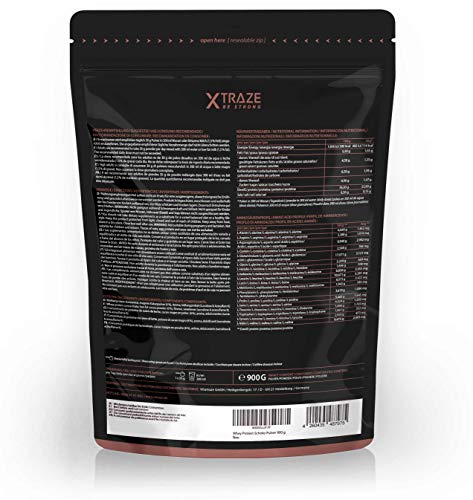 XTRAZE® Whey Proteína en Pura Polvo de Suero para Batido de Proteinas, 900g de Proteina Vegetal + Aislada con BCAA, Suplemento sin Aditivos, Para Fitness y Aumentar Masa Muscular (Chocolate)