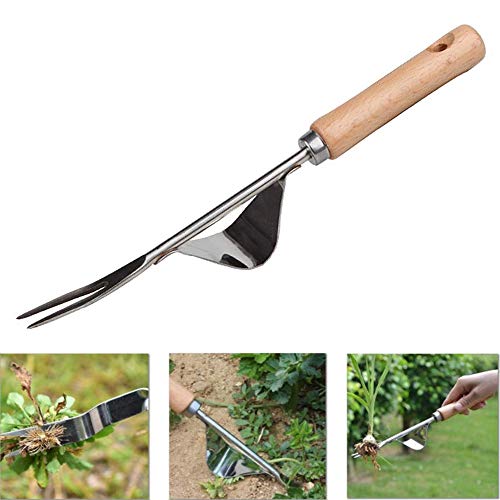 YAVO-EU Eliminar Malas Hierbas Extractor Quita Desherbador Manual Horquilla de Mango de Madera Desmalezador de Jardín De Acero Inoxidable