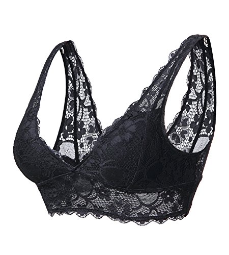 YIANNA Mujer Sujetador De Encaje con Relleno Elasticidad Sujetadores Comfort Lace Bra Top sin Aros Negro,UK-YA7120-Black-L