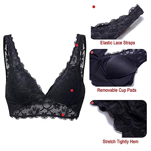 YIANNA Mujer Sujetador De Encaje con Relleno Elasticidad Sujetadores Comfort Lace Bra Top sin Aros Negro,UK-YA7120-Black-L