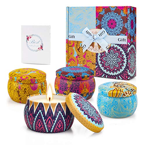 Yinuo Candle Velas Perfumadas Vela Aromática Caja de Regalo 4 Latas, 4.4 oz, 120 Horas de Quema, Cera de SOYA con Tarjeta de Felicitación, Patrón Clásico