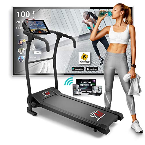 YM INTA DE CORRER ELÉCTRICA PLEGABLE 1HP (2,5HP PEAK) 10 KM/H, SENSOR CARDÍACO, APLICACIÓN DE ENTRENAMIENTO Y MULTIJUGADOR KINOMAP, 12 PROGRAMAS, LUBRICACIÓN AUTOMÁTICA, LLAVES EN EL MANILLAR.