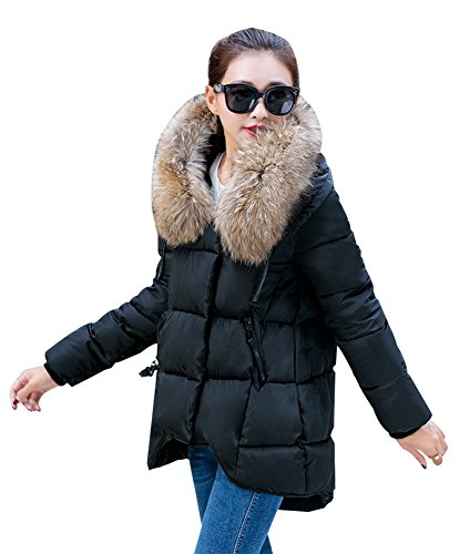 YOUJIA Mujer Casual Espesar Cálido Invierno Abrigo Acolchado Chaquetas con Capucha de Piel Sintética (Negro, 2XL)