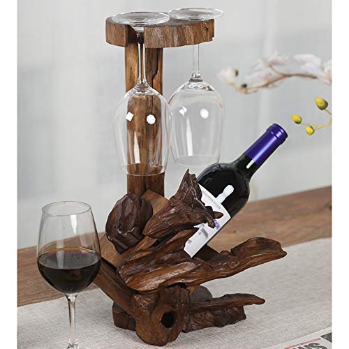 YQJ Soporte para Botellas De Vino En Forma De Madera Natural para Encimera De Pie con Soporte De Vidrio, Completamente Ensamblado para Bar, Restaurante, Cocina,for 1 Bottle & 2 Glasses