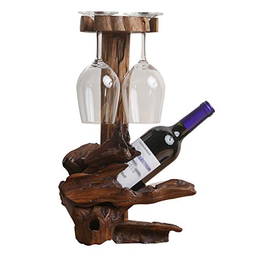 YQJ Soporte para Botellas De Vino En Forma De Madera Natural para Encimera De Pie con Soporte De Vidrio, Completamente Ensamblado para Bar, Restaurante, Cocina,for 1 Bottle & 2 Glasses