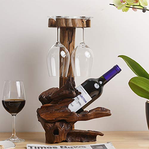 YQJ Soporte para Botellas De Vino En Forma De Madera Natural para Encimera De Pie con Soporte De Vidrio, Completamente Ensamblado para Bar, Restaurante, Cocina,for 1 Bottle & 2 Glasses