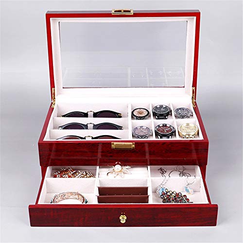 Yuefensu Caja de Almacenamiento de Pantalla del Reloj Madera De Doble Capa Caja De Reloj De Joyería 6 + 3 Vasos De Almacenamiento De Joyero Collar (Color : Red, Size : One Size)