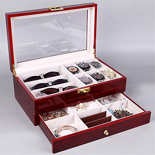 Yuefensu Caja de Almacenamiento de Pantalla del Reloj Madera De Doble Capa Caja De Reloj De Joyería 6 + 3 Vasos De Almacenamiento De Joyero Collar (Color : Red, Size : One Size)