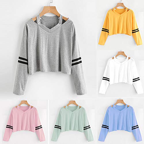 ZODOF Sudaderas Cortas para Mujer,Moda para Mujer Sudadera de Manga Larga con Cuello en V Tops Casual Blusa Contraste del Arco Iris Sudaderas Mujer Cortas Adolescente Deportiva Sweatshirt Blusa Tops