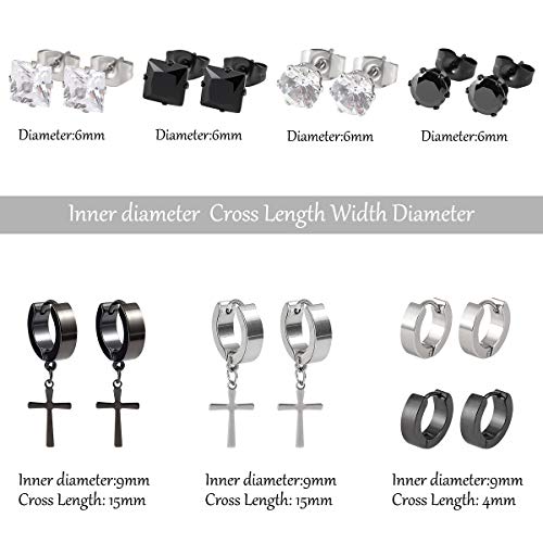 10 Pares Pendientes de Cruz Acero Inoxidable Pendientes Hombres Mujeres Unisex Circonita Cuadrado Redondos Pendientes Aretes Piercing