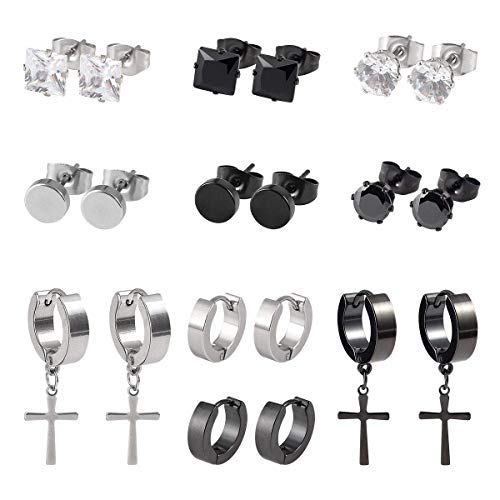 10 Pares Pendientes de Cruz Acero Inoxidable Pendientes Hombres Mujeres Unisex Circonita Cuadrado Redondos Pendientes Aretes Piercing