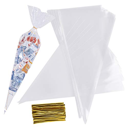 100 Piezas Transparentes Bolsas de Cono de Celofán con Precintos Dorados, 16x30cm Bolsas de Chuches para Cumpleaños, Plástico Bolsas de Fiesta para Galletas Caramelo Dulces Regalos Piruletas