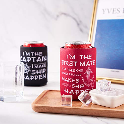 12 Piezas Funda de Enfriador de Botella de Vela Náutica Funda de Lata de Cerveza Regalos de First Mate Ship Happen Nautical, Negro y Rojo Rosado