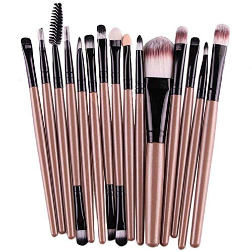 15 Piezas Maquillaje Brochas Set, Madera Mango Largo Brocha para Maquillaje Set Herramientas Maquillaje Higiene Kit Lana Maquillaje Cepillo Set Liquidación (Oro) - Oro, one size