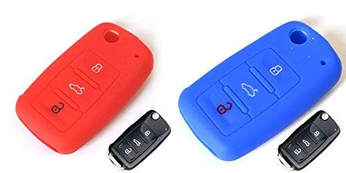 2 Piezas 3 Botones Silicona Funda para Llave de Coche Car Key Cover para VW Golf 6 Skoda Seat(Azul Marino+Rojo)