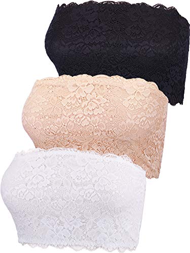 3 Piezas de Tubo de Encaje Floral de Mujeres Banda Sujetador sin Tirantes Envoltura de Pecho Estirable sin Costura (Conjunto de Colores 1, Talla L)