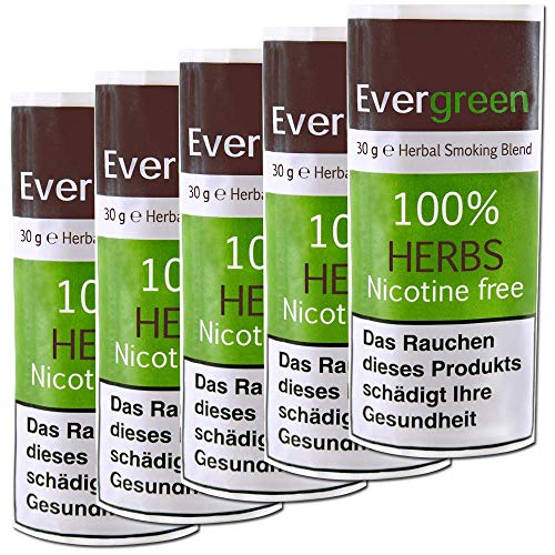 5 X Organic Herbal Natural Smoking Mixture, 100% Nicotine & Tobacco Free, Rich, Aromatic, Delicate Aroma and Smooth natural taste 5 PACKS Evergreen Tobacco Substitute, 150g Total