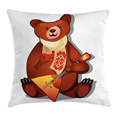 ABAKUHAUS Oso Divertido Funda para Almohada, Balalaika Bufanda étnica, Colores Perdurables Tela Lavable, 60 x 60 cm, Canela Multicolor