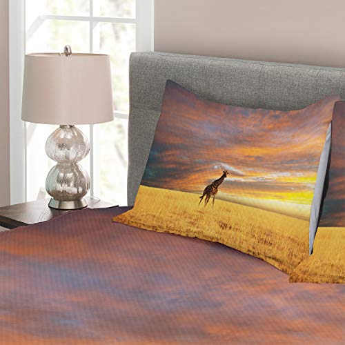 ABAKUHAUS Safari Cubrecama, Jirafa en la Sabana Cielo Nublado Colorido al Amanecer Pradera Otoño Imagen, Objeto Decorativo Lavable, 220 x 220 cm, Amarillo