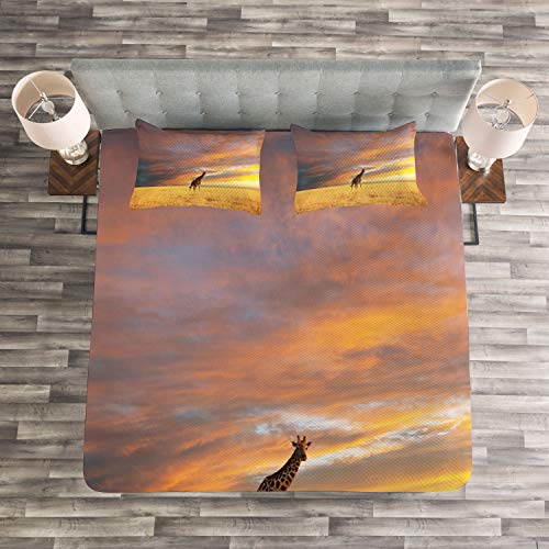 ABAKUHAUS Safari Cubrecama, Jirafa en la Sabana Cielo Nublado Colorido al Amanecer Pradera Otoño Imagen, Objeto Decorativo Lavable, 220 x 220 cm, Amarillo