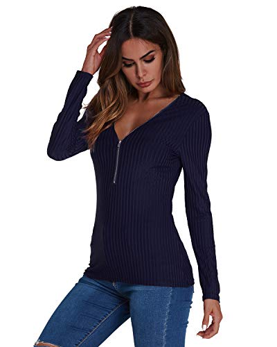 ACHIOOWA Camisa de Mujer Manga Larga Cremallera de Corte Bajo Tops Cuello V Sexy Casual Blusa Armada S