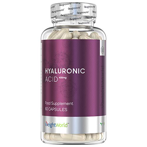 Ácido Hialurónico Puro Alta Dosis 400 mg - Suplemento Alimenticio para Huesos, Articulaciones, Cartílagos y Piel, Reduce Signos Edad Concentración máxima 90%, 60 Cápsulas Veganas, Weightworld