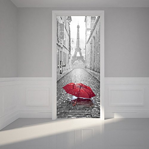 Adhesivo para puerta con efecto 3D, diseño de atrapasueños de ojos para puerta, cocina, salón, dormitorio, cuarto de baño, estilo de papel pintado para paredes – Paraguas en París – 204 x 83 cm