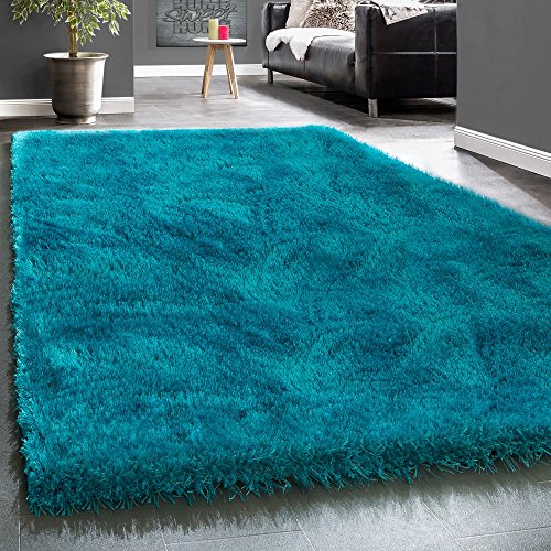 Alfombra Shaggy Elegante De Pelo Largo Monocolor Mullida Brillante En Turquesa, tamaño:60x100 cm