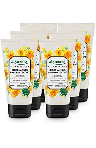 alkmene Crema de manos con caléndula orgánica - Rica crema de manos para manos muy secas y agrietadas - crema vegana en pack de 6 (6x 75 ml)