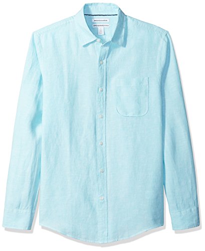 Amazon Essentials - Camisa de lino con manga larga, corte entallado y estampado para hombre, Azul (Aqua), US S (EU S)