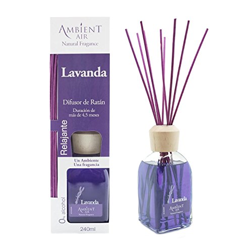 Ambientair Classic. Difusor de varillas perfumadas. Ambientador Mikado aroma Lavanda. Difusor 240 ml con palitos de ratán. Ambientador para Hogar sin alcohol.