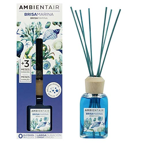 Ambientair. Difusor de Varillas perfumadas. Ambientador Mikado Océano, Brisa Marina, difusor con palitos de ratán. El Mejor ambientador sin Alcohol para casa. Ambientador para la Cocina y baño.