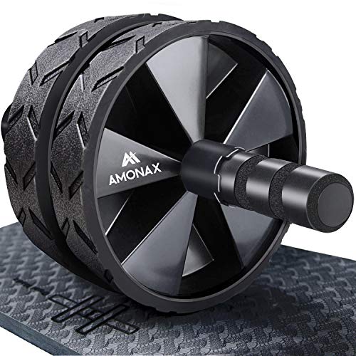 Amonax - Rodillo de rueda para abdominales con alfombrilla grande para ejercitar abdominales, doble rueda con modos de entrenamiento de fuerza dual en el gimnasio en casa