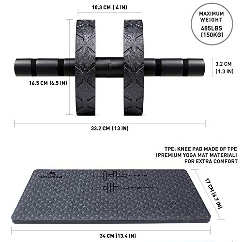 Amonax - Rodillo de rueda para abdominales con alfombrilla grande para ejercitar abdominales, doble rueda con modos de entrenamiento de fuerza dual en el gimnasio en casa