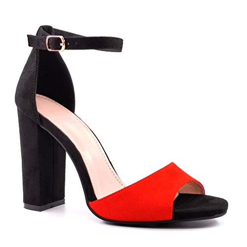 Angkorly - Zapatillas Moda Tacón escarpín Sandalias Elegante Elegante - Chic BCBG Mujer Tanga Gamuza Tacón Ancho Alto 10 CM - Rojo 3 FR500 T 38