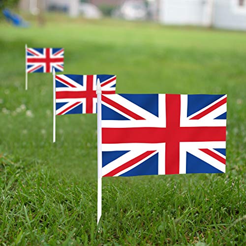 Anley Bandera británica Union Jack Stick, Gran Bretaña Mini Bandera portátil de 5 x 8 Pulgadas (12 x 20 cm) con Poste sólido Blanco de 12"(30 cm) - Color Vivo y Resistente a la decoloración