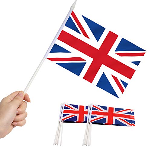 Anley Bandera británica Union Jack Stick, Gran Bretaña Mini Bandera portátil de 5 x 8 Pulgadas (12 x 20 cm) con Poste sólido Blanco de 12"(30 cm) - Color Vivo y Resistente a la decoloración