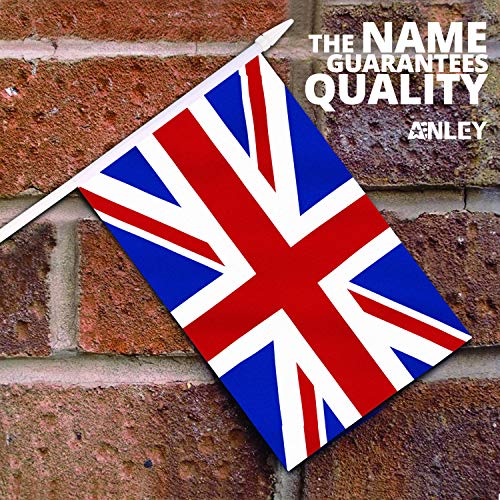 Anley Bandera británica Union Jack Stick, Gran Bretaña Mini Bandera portátil de 5 x 8 Pulgadas (12 x 20 cm) con Poste sólido Blanco de 12"(30 cm) - Color Vivo y Resistente a la decoloración